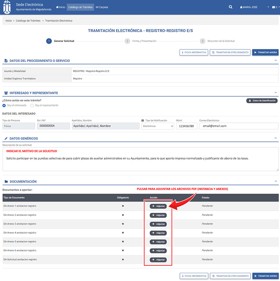 datos requeridos en la sede electrónica